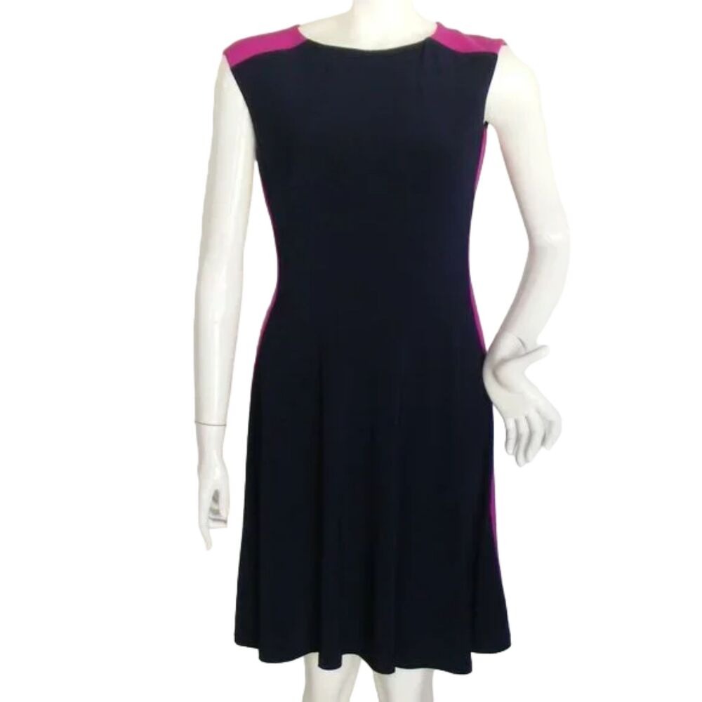 LAUREN RALPH LAUREN Dress, 6, Navy Blue/Berry Stripe, Stretch, A-line Sleeveless